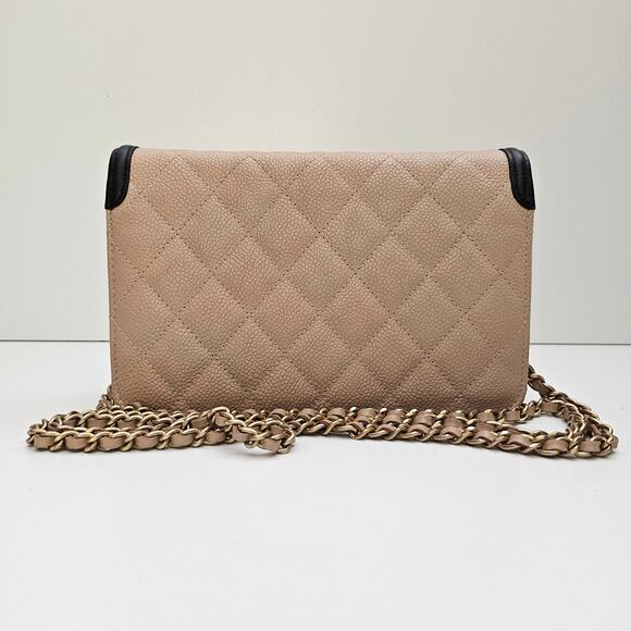Chanel Caviar Quilted CC Filigree Wallet On Chain WOC Black Tan - Picture 3 of 11